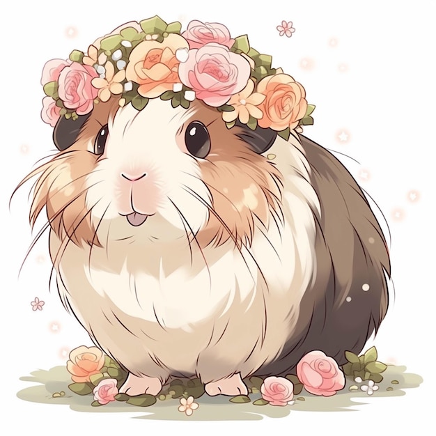 A close up of a guinea with a flower crown on its head generative ai