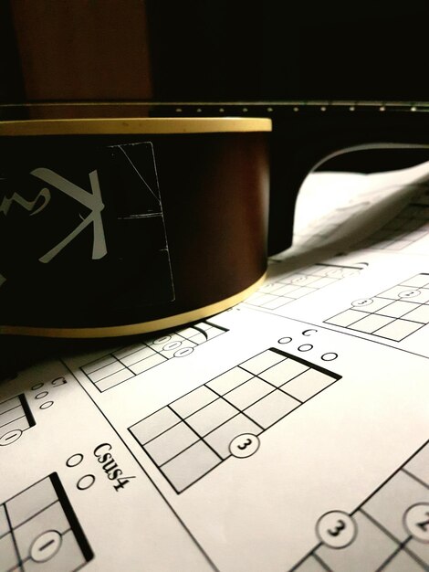 Photo close-up of guitar and chart