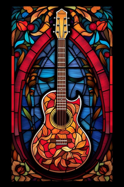 A close up of a guitar in front of a stained glass window generative ai