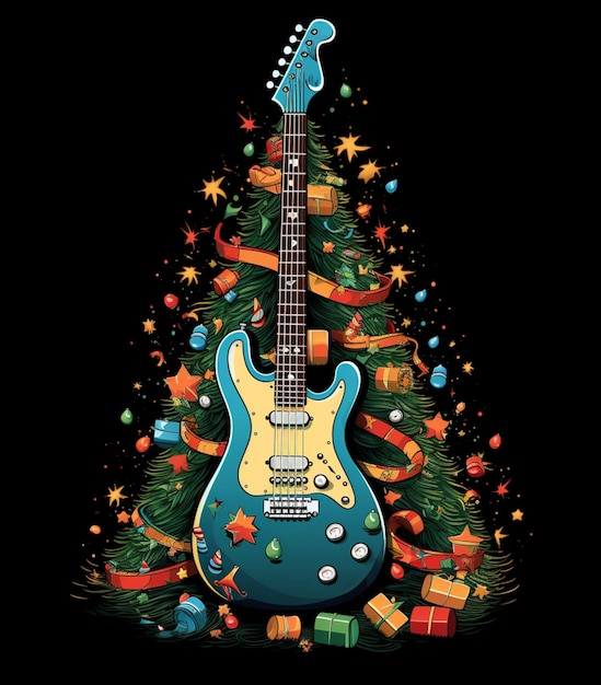 Photo a close up of a guitar near a christmas tree with presents generative ai