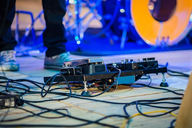 Close up of guitar pedal board.