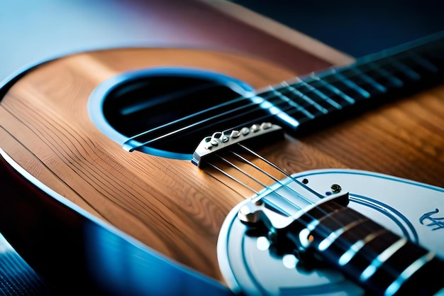 A close up of a guitar with a blue background