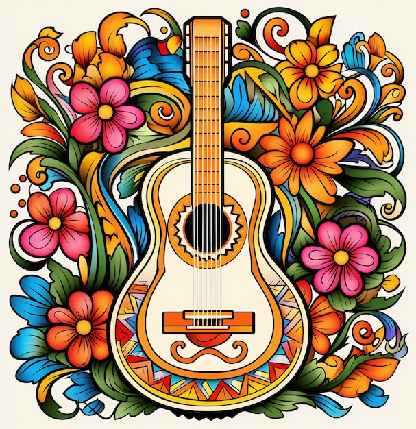 a close up of a guitar with flowers and leaves on a white background generative ai