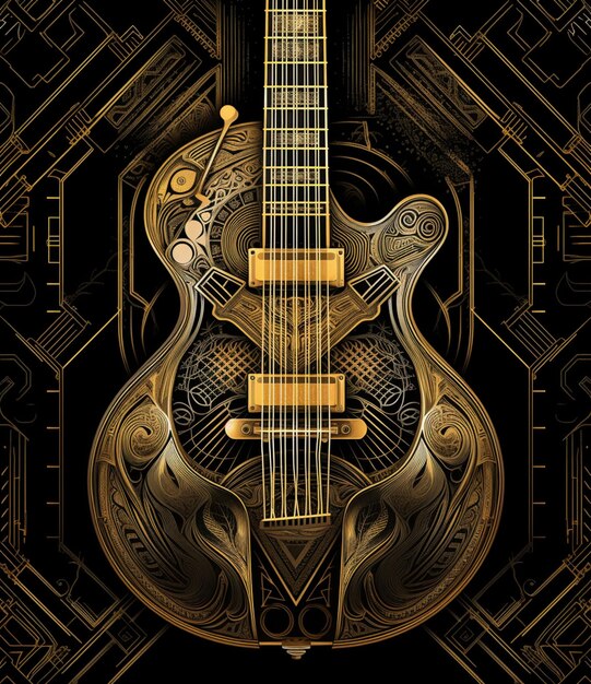 a close up of a guitar with a gold design on it generative ai