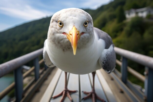 Foto un primo piano del gabbiano su un ponte sopra un campo