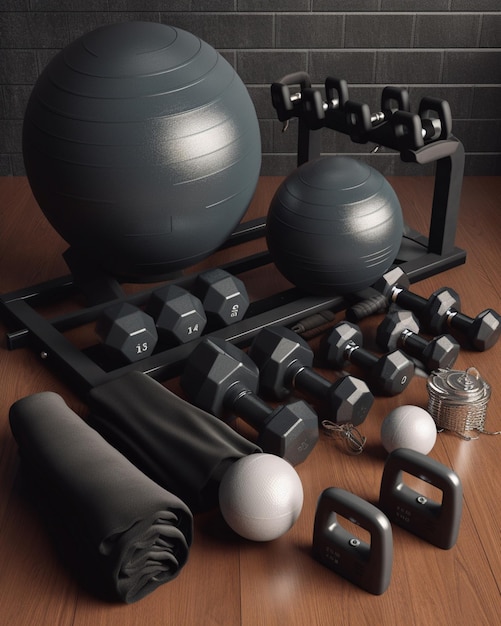 a close up of a gym equipment on a wooden floor generative ai