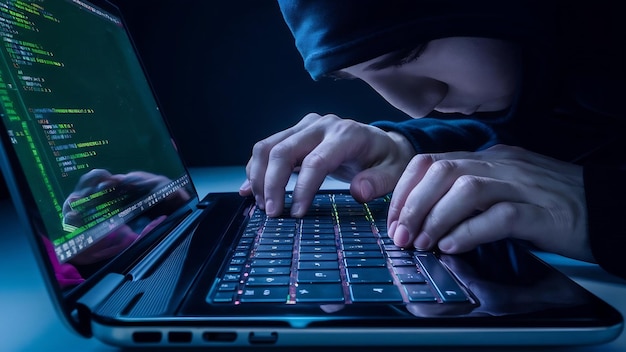 Close up of hacker typing on laptop