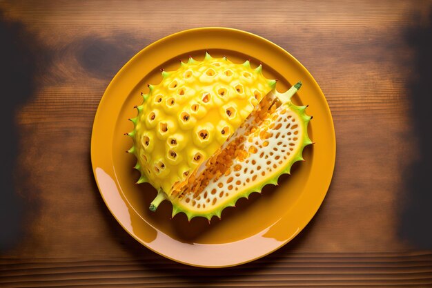 Close up of a half fresh kiwano with pulp and seeds facing the camera on a dish