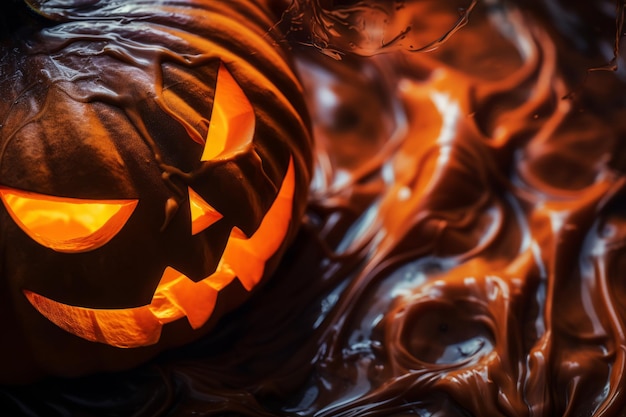 a close up of a halloween pumpkin with glowing eyes