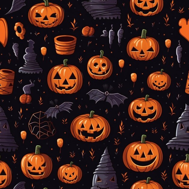 a close up of a halloween themed background with pumpkins and bats generative ai