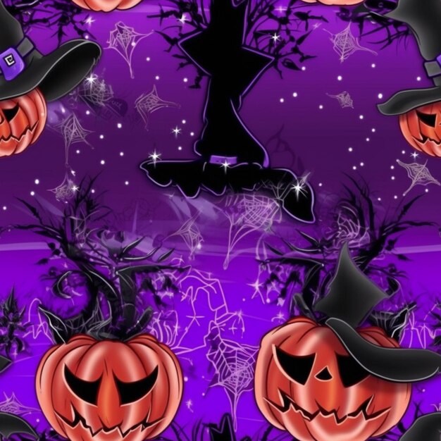 a close up of a halloween themed background with pumpkins and witches generative ai