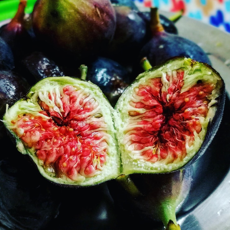 Photo 접시 에 있는 절반 으로 개진 무화과 의 근접 사진