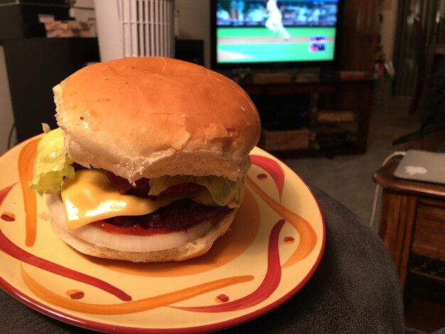 Close-up of hamburger on table