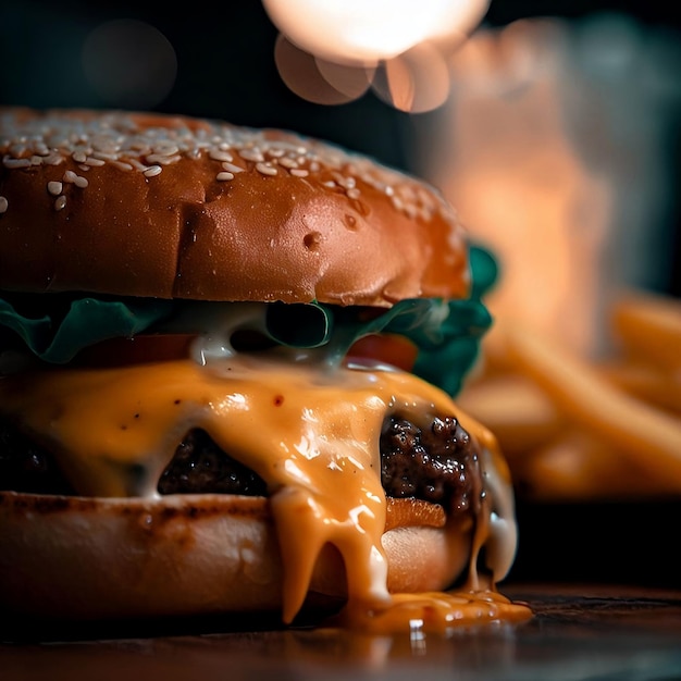 A close up of a hamburger with cheese and french fries