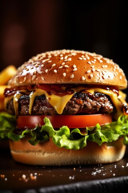 a close up of a hamburger with cheese and lettuce and french fries generative ai