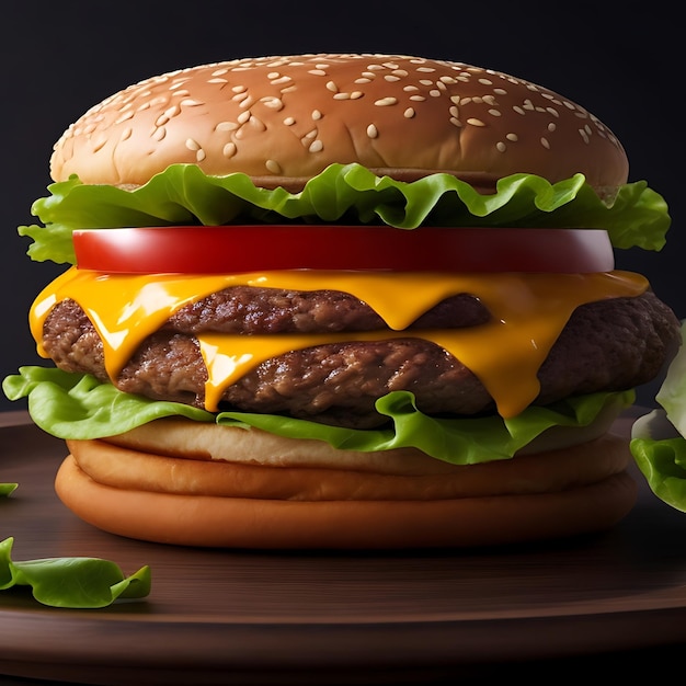 a close up of a hamburger with cheese and lettuce on a plate