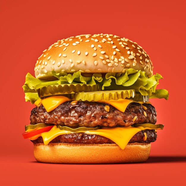 a close up of a hamburger with cheese and lettuce on a red background generative ai