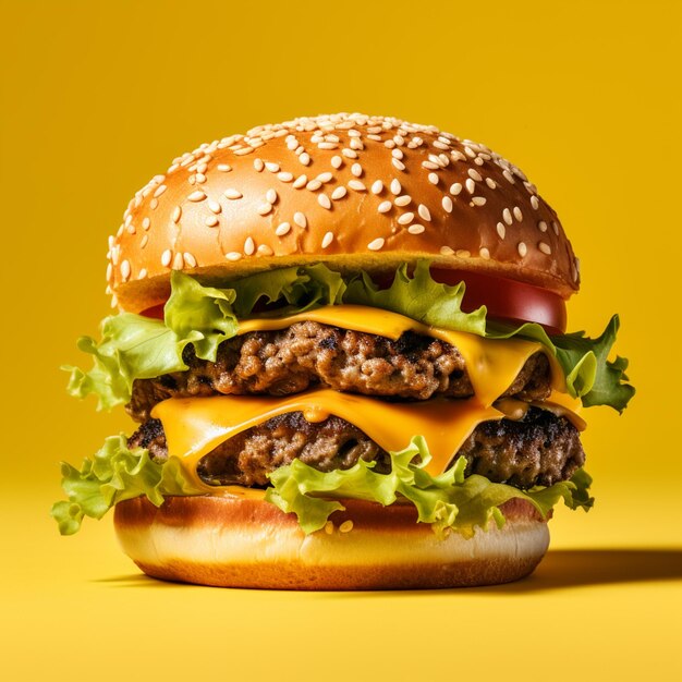 a close up of a hamburger with cheese and lettuce on a yellow background generative ai