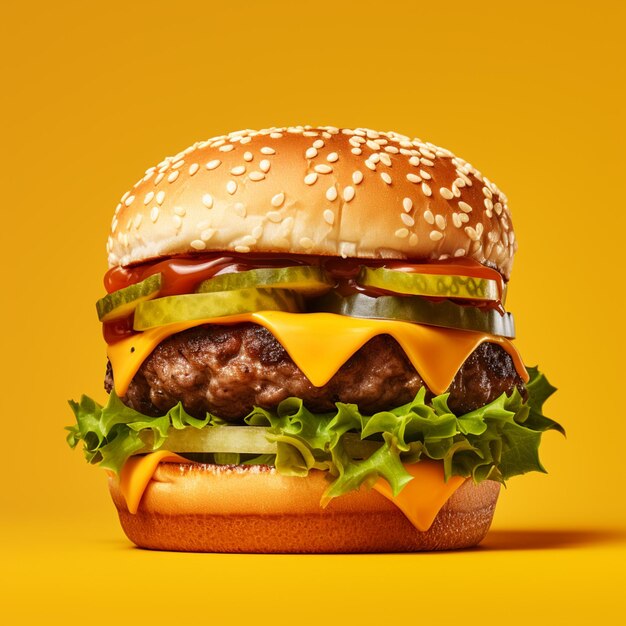 a close up of a hamburger with cheese and lettuce on a yellow background generative ai