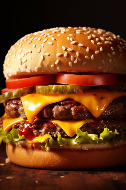 Близкий взгляд на гамбургер с сыром и помидорами на столе