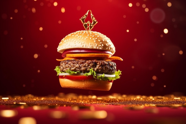 close-up hamburger zweeft op een rode achtergrond met een nieuwjaarsthema met gouden bohem-effect