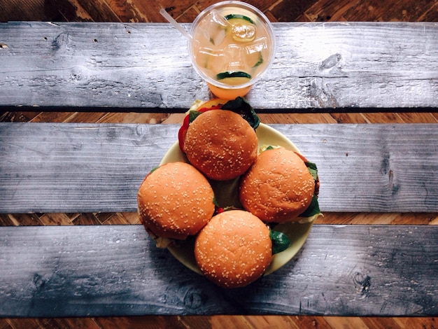Close-up of hamburgers on table