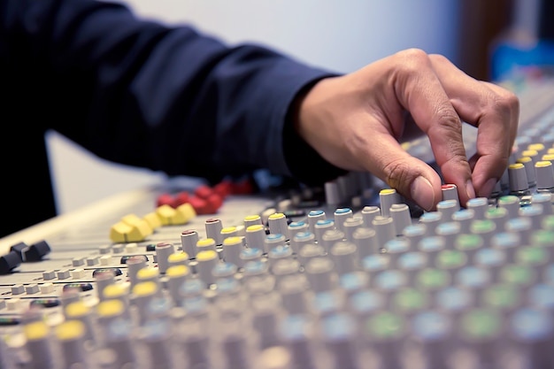 Vicino la mano regola il volume sul mixer audio.