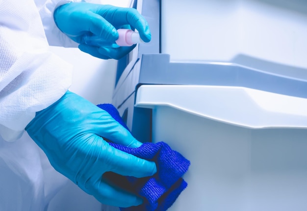 Photo close-up of hand cleaning medical equipment indoors