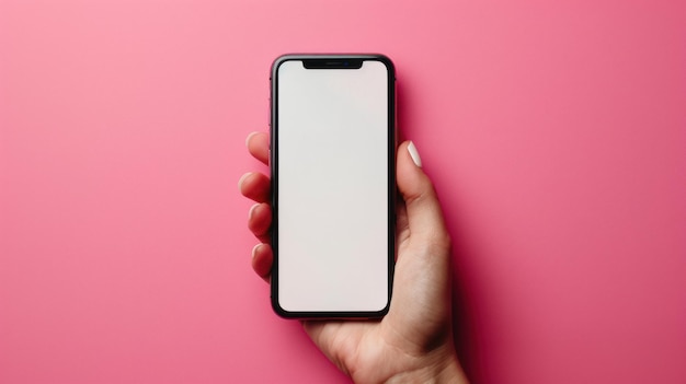 Close-up hand die een telefoon vasthoudt met een leeg wit scherm gericht op de roze achtergrond van de camera