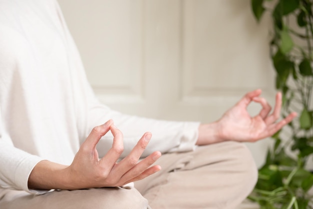 Close-up of hand doing gyan mudra with copy space