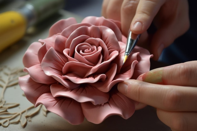 A close up of a hand drawing a flower on a cake