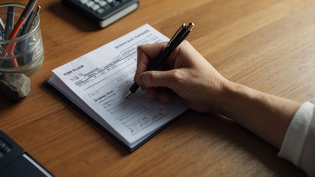 Close up of hand filling out a form with pen