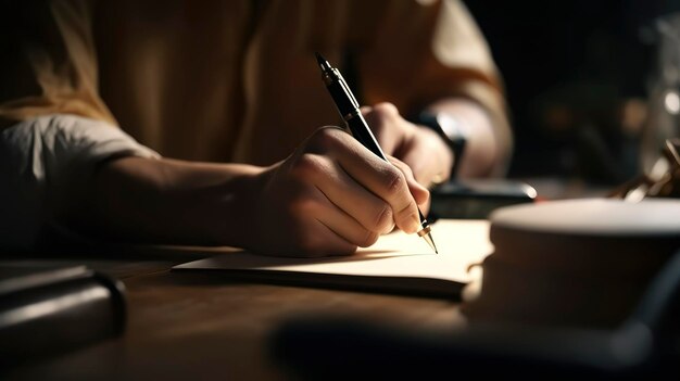 Закрыть руку фрилансера, подписывающего документы ручкой за столом