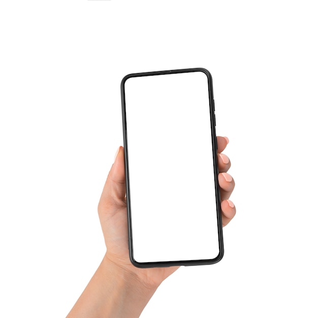 close up hand hold phone isolated on white. hand hold mockup cell smart phone with blank white screen. close up hand hold phone isolated on white, mock-up cellphone white color blank screen
