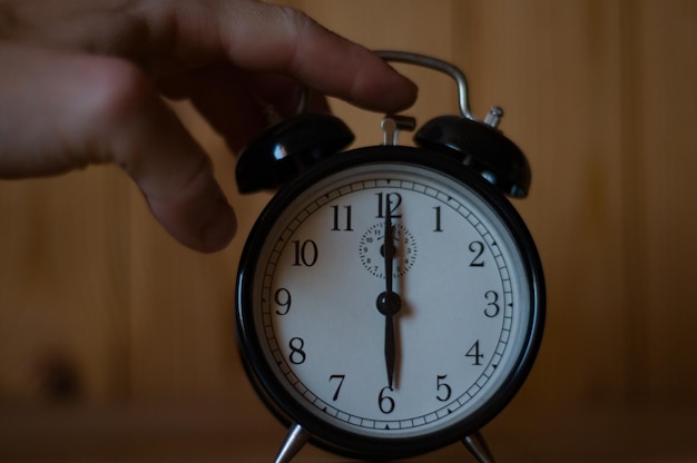 Close-up of hand holding alarm clock