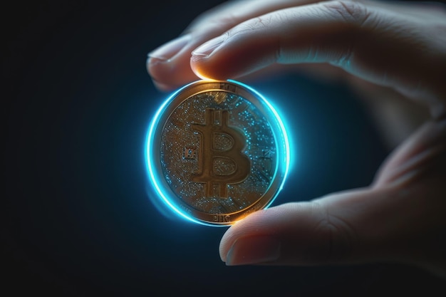 Close up of a hand holding a Bitcoin coin blue halo around the coin AI Generated