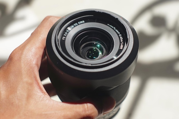 Close-up of hand holding camera lens