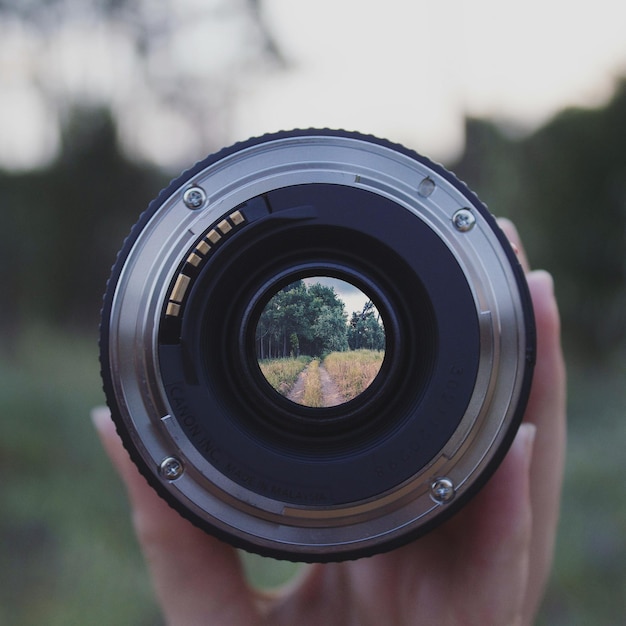Close-up of hand holding camera lens