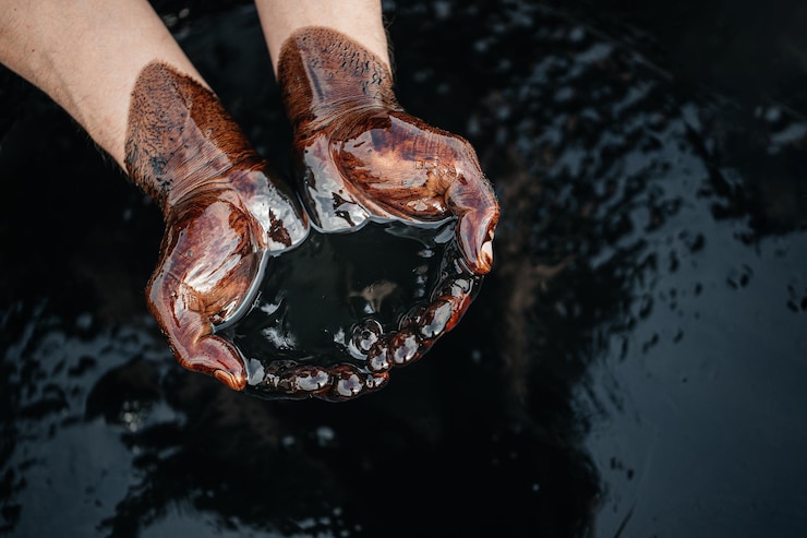 Фотография крупный план руки, держащей сырую нефть