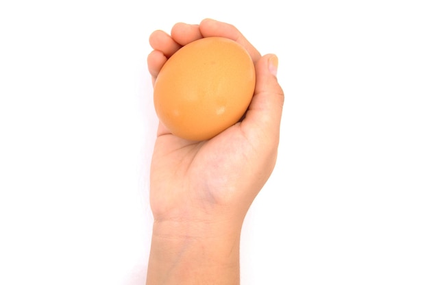 Close-up of hand holding egg against white background