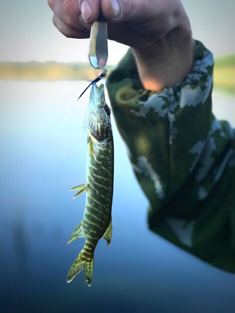 Foto close-up di una mano che tiene un pesce contro il lago