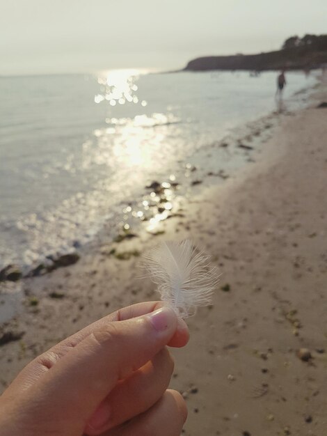 Foto close-up di una mano che tiene un fiore sulla spiaggia contro il cielo