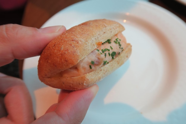 皿の中に食べ物を握っている手のクローズアップ
