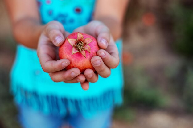 Foto close-up di una mano che tiene la frutta