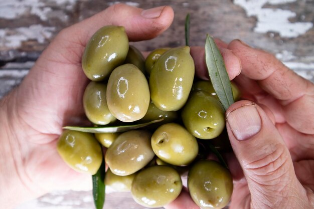 Foto close-up di una mano che tiene le olive verdi