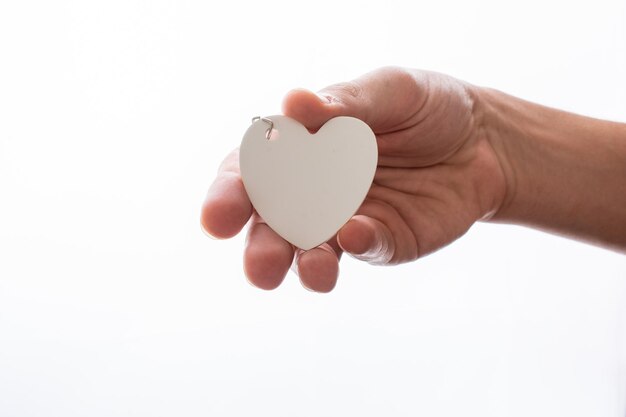 Photo close-up of hand holding heart shape over white background