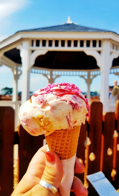 Close-up of hand holding ice cream cone