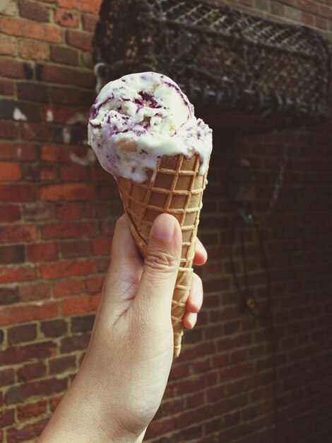 Close-up of hand holding ice cream cone