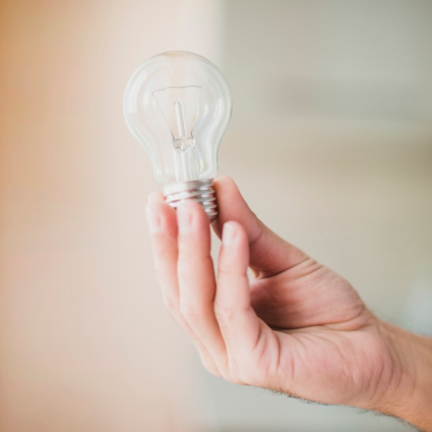 Foto primo piano della mano che tiene la lampadina su sfocatura sfondo