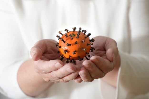 Close-up of hand holding orange